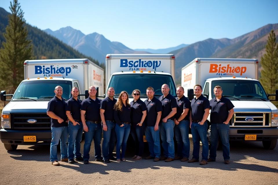 Bishop Plumbing team with company vehicles in mountain setting