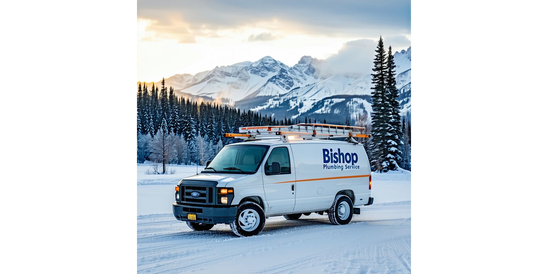 Bishop Plumbing service van in Colorado mountains during winter
