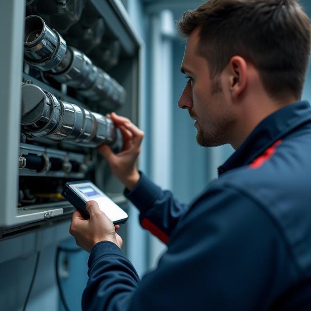 Worker inspecting air conditioner