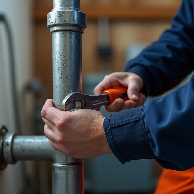 Technician fixing burst pipe