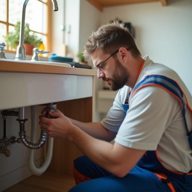 Plumber working on kitchen sink